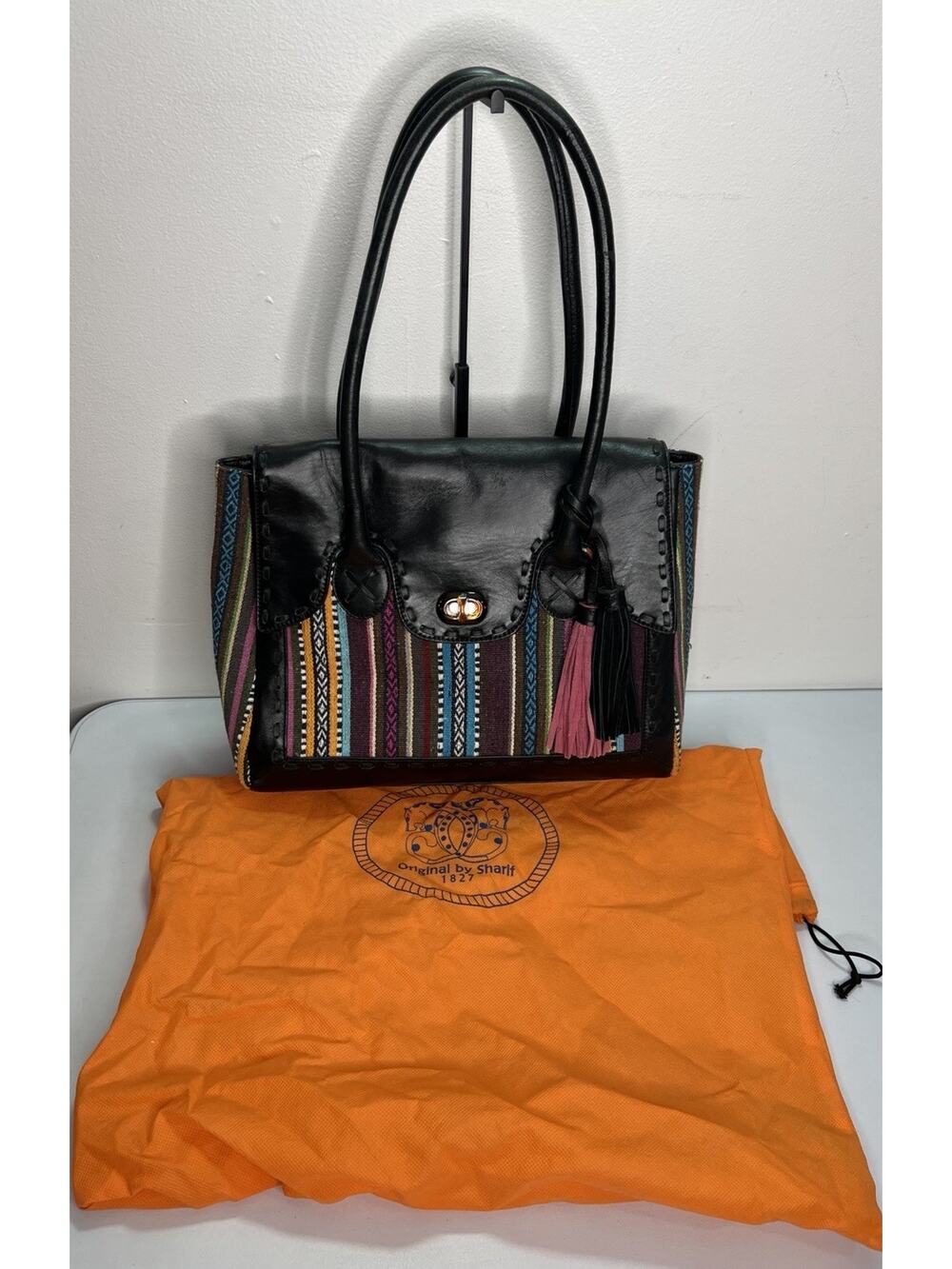 Vintage Sharif Leather Multicolor Woven Striped Textile Shoulder Purse Tassel